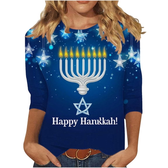 Cilsoka Summer Shirts for Women Oversized, Hanukkah Shirt Women Menorah Print T Shirts 3/4 Length Sleeve Hanukkah Shirts Loose Fit Crew Neck Tunic Tops, Graphic Trendy Tees