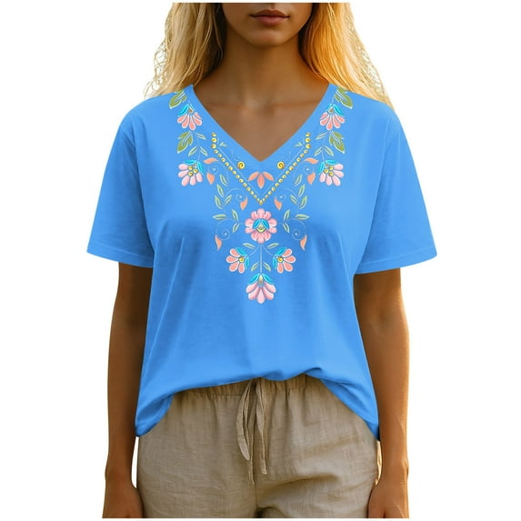 Cilsoka Summer Shirts for Women Trendy, Womens Summer Tops 2026 Short Sleeve Shirts V Neck Pleated Floral Printed Tops Work Blouses Business Casual Outfits, Floral Print Tshirts