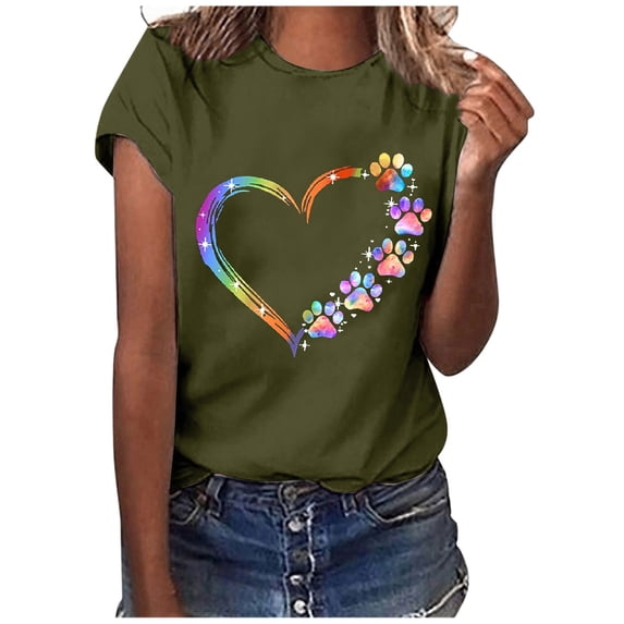 Cilsoka Summer Tops for Women 2026 Casual Dog Paw Love Heart Print T-Shirt Summer Funny Graphic Tees Short Sleeve Crew Neck Blouses Shirts