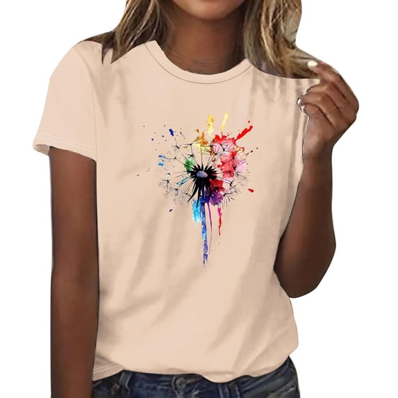 Cilsoka Trendy Shirts for Women Summer, Womens Summer Tops Short Short Sleeve Dressy Casual Blouses Crew Neck Pleated Tunic Loose Fit Spring T Shirts, Floral Print Tshirts