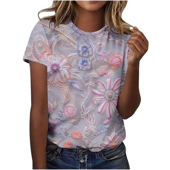Cilsoka Trendy Shirts for Women Short Sleeve, Womens Summer Short Sleeve Tops Floral Printed T Shirts Casual Basic Graphic Tees, Floral Print Tshirts