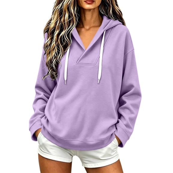 Cilsoka V Neck Sweatshirt Women Oversized Pullover Hoodie Lightweight Soft Long Sleeve Drawstring Sweatshirt with Pocket Fall Clothes 2026