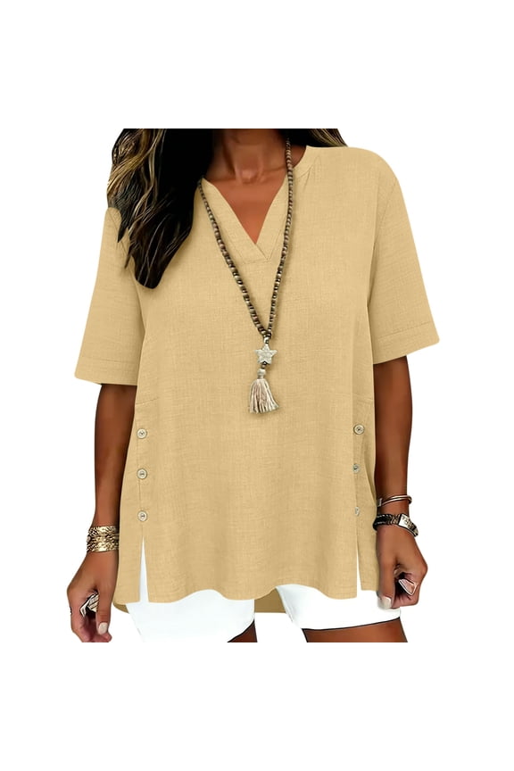 Women Summer Causal Tops 2026 Side Slits Trendy Gauze Tunic Blouse 3/4 Sleeve Button V Neck Shirt Loose Fit Boho Clothing