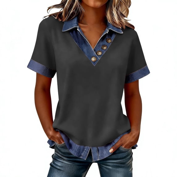 Cilsoka Women Vacation Button Down Tshirts Dressy Funny Vneck Tops 2026 Trendy Short Sleeve Blouse Denim Pullover Tunic Tops