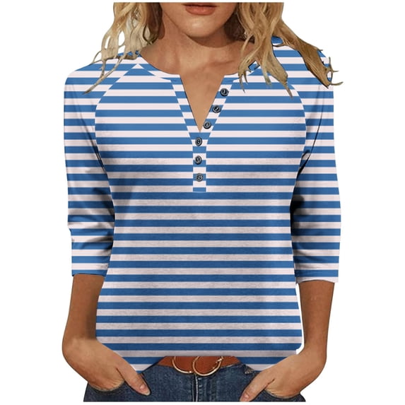 Cilsoka Women's 3/4 Length Sleeve Tops Dressy Henley Button Striped V Neck Raglan T Shirts Trendy Summer Casual Loose Fit Work Blouse