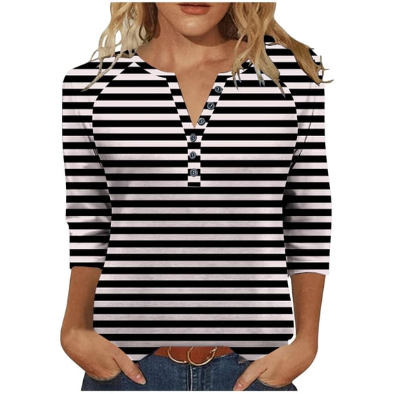 Cilsoka Women's 3/4 Length Sleeve Tops Dressy Henley Button Striped V Neck Raglan T Shirts Trendy Summer Casual Loose Fit Work Blouse