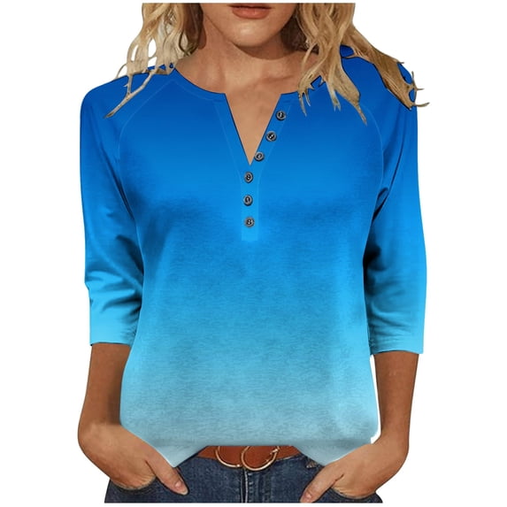 Cilsoka Women's 3/4 Sleeve Henley Shirts Dressy Casual Gradient Tunic Tops Button Up V Neck Loose Pullover Raglan Blouse