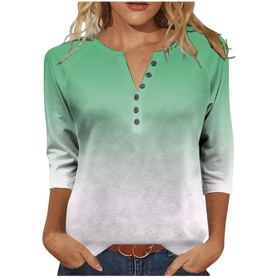 Cilsoka Women's 3/4 Sleeve Henley Shirts Dressy Casual Gradient Tunic Tops Button Up V Neck Loose Pullover Raglan Blouse