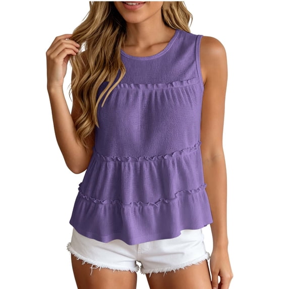 Cilsoka Women's Casual Tiered Shirred Tank Top Crew Neck Sleeveless Pleated Flared Hem Babydoll Tee Shirt Blouse Tops