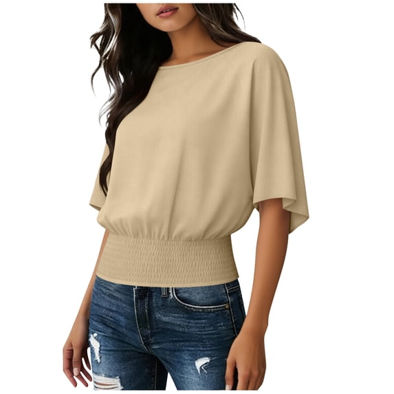 Cilsoka Women's Crew Neck Crop Tops Y2k Ruched Cinched Waist T Shirts Dolman Sleeve Going Out Summer Top