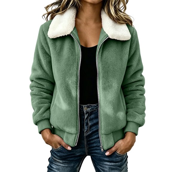 Cilsoka Women's Faux Shearling Collar Zip-Up Fuzzy Jacket, Soft Plush Short Coat with Pocket, Loose Warm Outerwear for Fall Winter Daily Wear