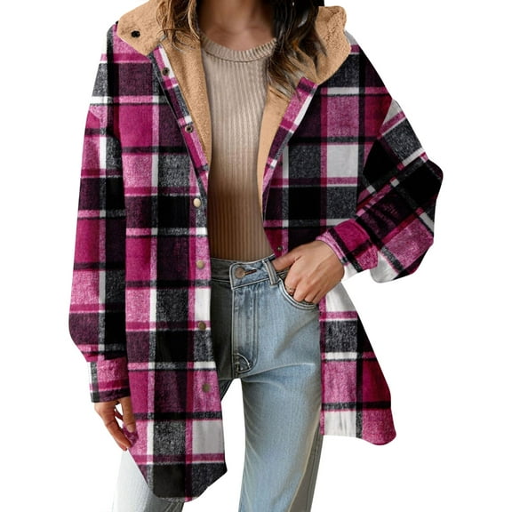 Cilsoka Women's Flannel Hooded Plaid 2025 Shacket Thick Coat Winter Coat for Warmth Button down Warm and Fuzzy Fleece Jacket Fall Winter Warm Outerwear