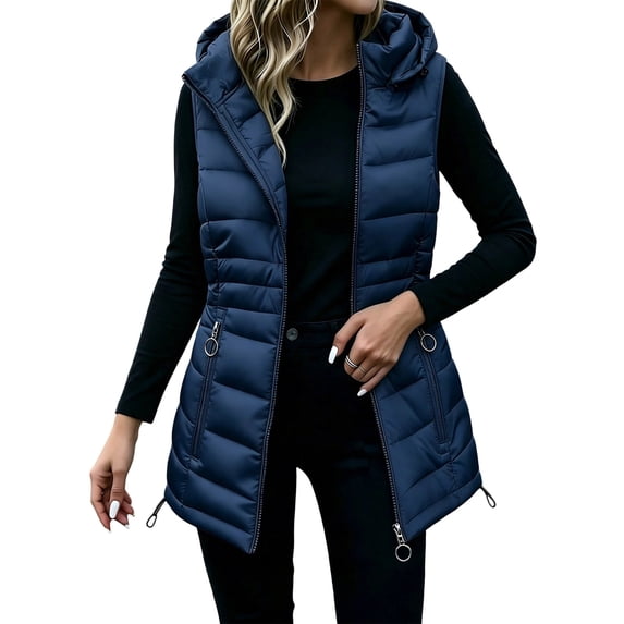 Cilsoka Women's Long Hooded Puffer Vest Zip Pockets Quilted Sleeveless Coat, Long Puffer Vest with Hood, Women Warm Down Coats Outerwear, Winter Jackets for Going Out Travel