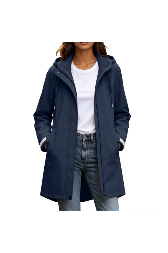 Women's Mid Length Hooded Rain Trench Coat Drawstring Waist Full Zip Snap Button Windproof Jacket Shell for Outdoor