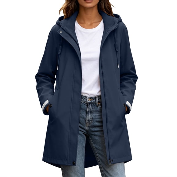 Cilsoka Women's Mid Length Hooded Rain Trench Coat Drawstring Waist Full Zip Snap Button Windproof Jacket Shell for Outdoor