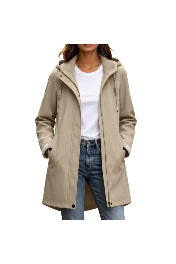 Women's Mid Length Hooded Rain Trench Coat Drawstring Waist Full Zip Snap Button Windproof Jacket Shell for Outdoor