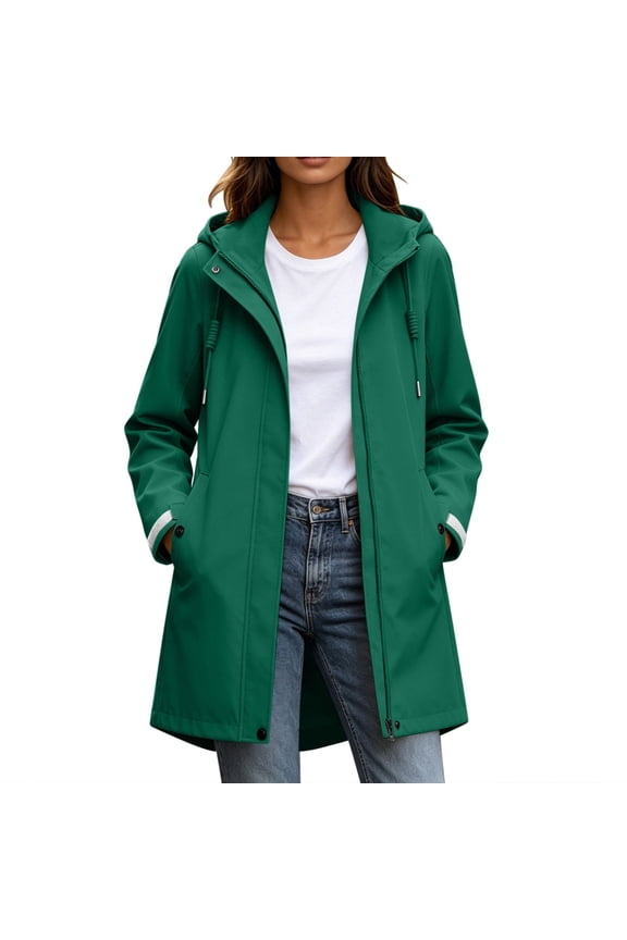 Women's Mid Length Hooded Rain Trench Coat Drawstring Waist Full Zip Snap Button Windproof Jacket Shell for Outdoor