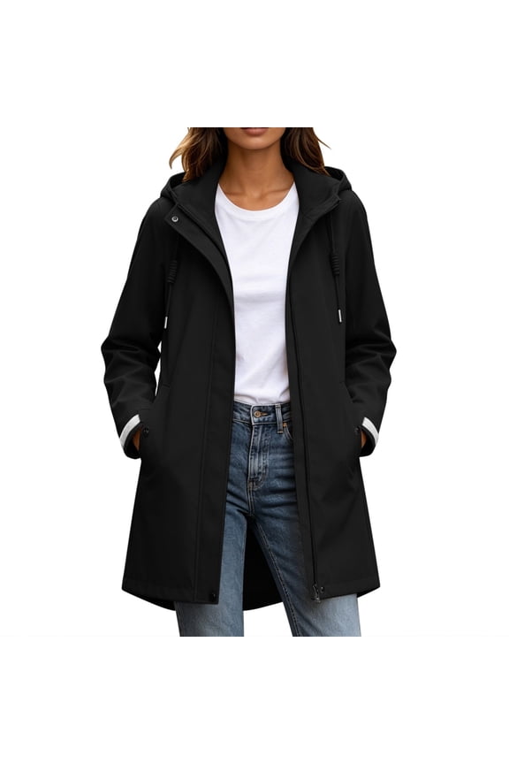 Women's Mid Length Hooded Rain Trench Coat Drawstring Waist Full Zip Snap Button Windproof Jacket Shell for Outdoor