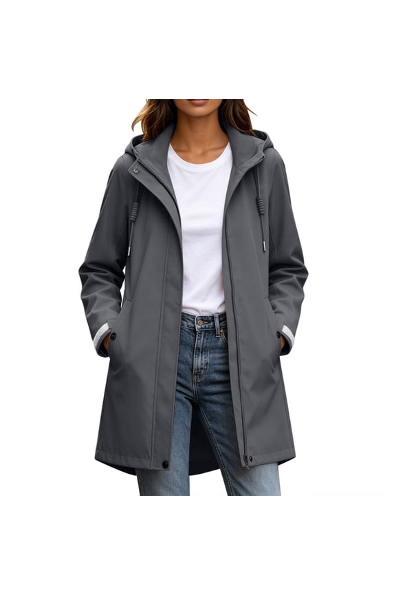 Women's Mid Length Hooded Rain Trench Coat Drawstring Waist Full Zip Snap Button Windproof Jacket Shell for Outdoor