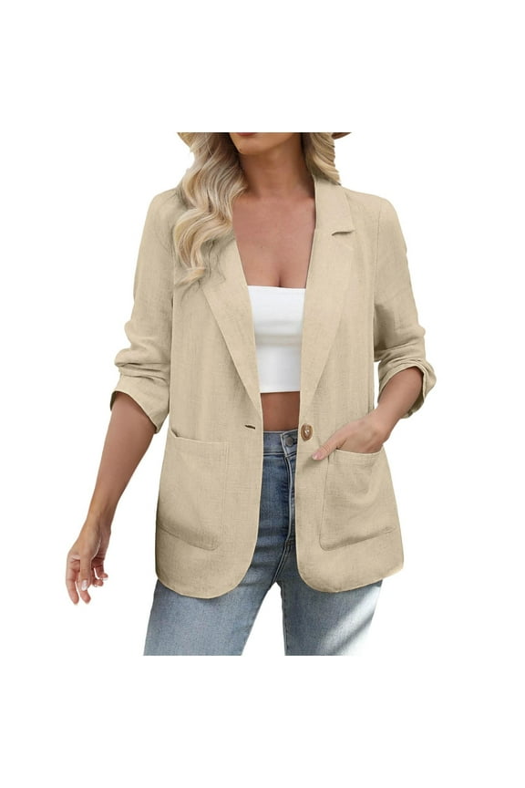 Women's One Button Cotton Linen Blazer Long Sleeve Open Front Work Lightweight Jacket for Work Office Casual Business Fall Winter Clothing