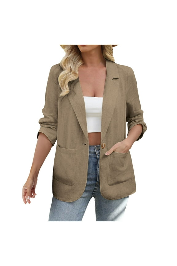 Women's One Button Cotton Linen Blazer Long Sleeve Open Front Work Lightweight Jacket for Work Office Casual Business Fall Winter Clothing
