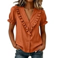 thumbnail image 1 of Cilsoka Women's Ruffle Trim Button Down Shirts Summer V Neck Puff Sleeve Cotton Linen Tops Casual Loose Fit Solid Blouse, 1 of 6
