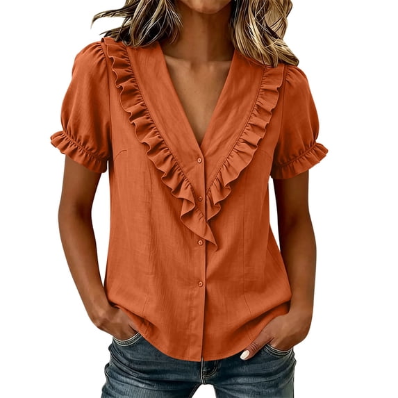 Cilsoka Women's Ruffle Trim Button Down Shirts Summer V Neck Puff Sleeve Cotton Linen Tops Casual Loose Fit Solid Blouse