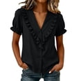 thumbnail image 1 of Cilsoka Women's Ruffle Trim Button Down Shirts Summer V Neck Puff Sleeve Cotton Linen Tops Casual Loose Fit Solid Blouse, 1 of 6