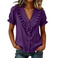 thumbnail image 1 of Cilsoka Women's Ruffle Trim Button Down Shirts Summer V Neck Puff Sleeve Cotton Linen Tops Casual Loose Fit Solid Blouse, 1 of 6