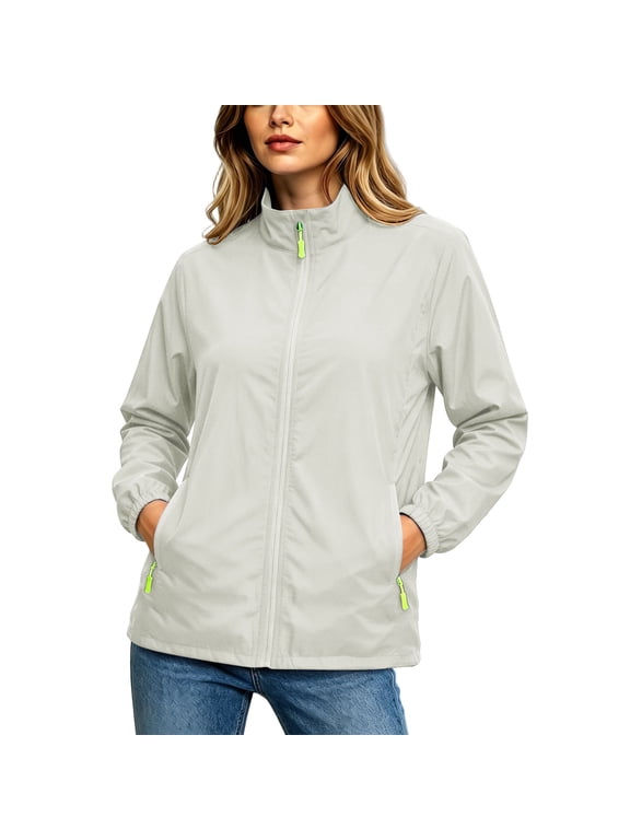 Women's Softshell Jacket Water Resistant Full Zip Windbreaker Lightweight Plus Size Coat with Stand Collar and Zip Pockets