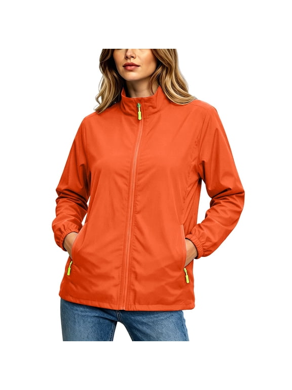 Women's Softshell Jacket Water Resistant Full Zip Windbreaker Lightweight Plus Size Coat with Stand Collar and Zip Pockets