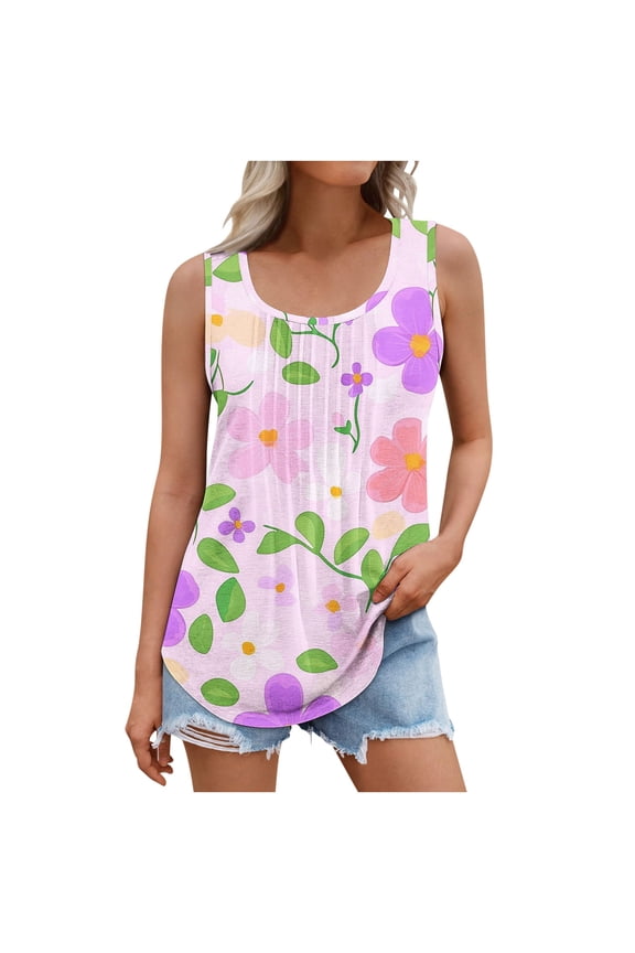 Women's Summer Tank Tops Pleated Round Neck Sleeveless Trendy Tops for Women Dressy Casual, 2026 Fashion Trends