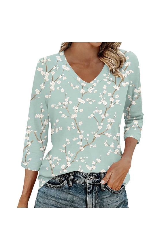 Women's Tops, Tees & Blouses Cotton, Womens 3/4 Sleeve Summer Shirts 2026 Trendy Elbow Length Tops Floral Boho Blouses T Shirts Dressy Causal Clothes, Floral Print Tshirts