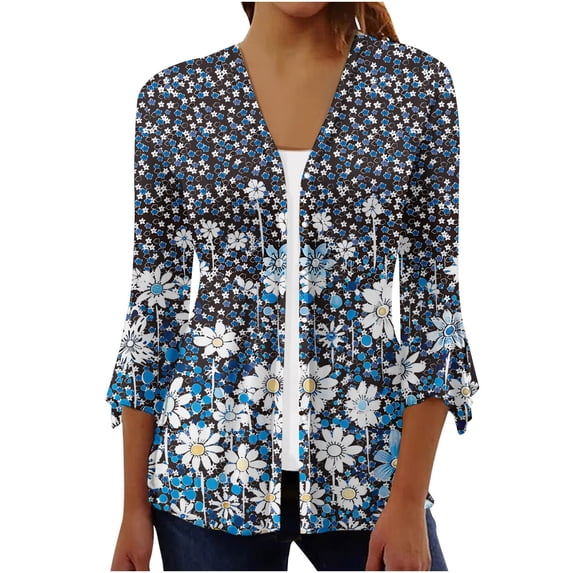 Cilsoka Women's Tops, Tees & Blouses Plus Size, 3/4 Sleeve Womens Tops Bohemia Flower Summer Button Down Shirts Lightweight Cardigans Bell Sleeve T Shirts for Women
