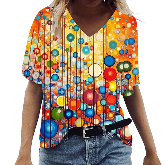 Cilsoka Women's Tops, Tees & Blouses Trendy Floral T-Shirt for Women Summer Colorful Short Sleeve Tunic Tops V Neck Graphic Tees Shirt Casual Comfy Blouses Tops