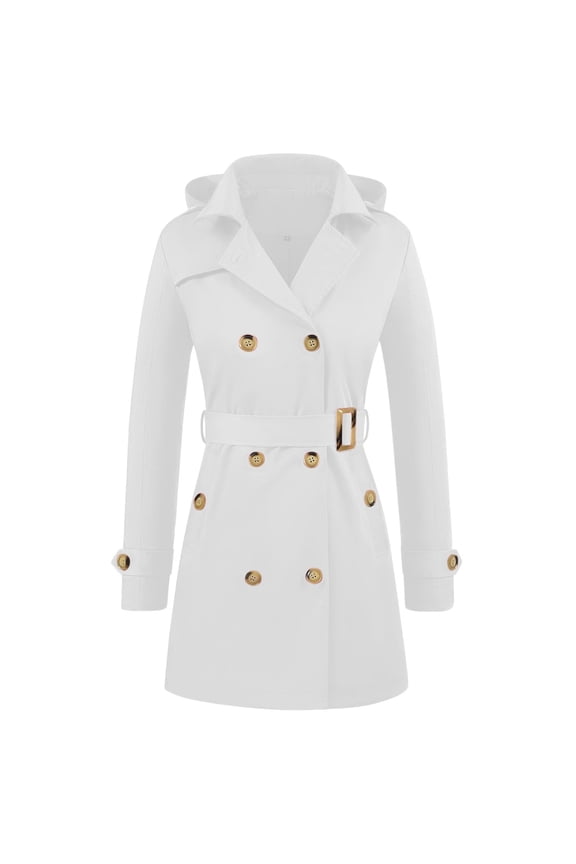 Women's Trench Coat Double-Breasted Belted Slim Outerwear Waterproof Lapel Overcoat Stylish Pea Coat with Detachable Hood