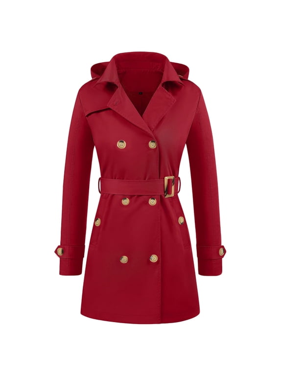 Women's Trench Coat Double-Breasted Belted Slim Outerwear Waterproof Lapel Overcoat Stylish Pea Coat with Detachable Hood