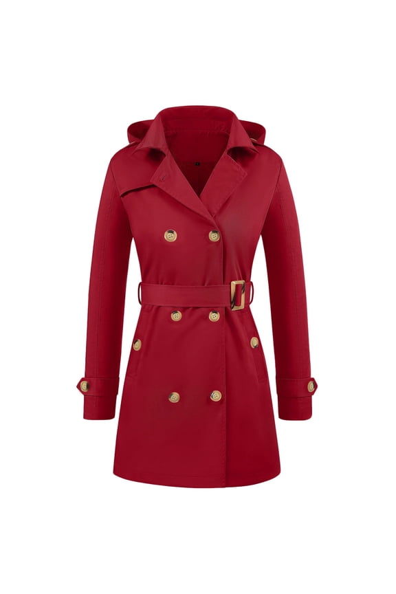 Women's Trench Coat Double-Breasted Belted Slim Outerwear Waterproof Lapel Overcoat Stylish Pea Coat with Detachable Hood