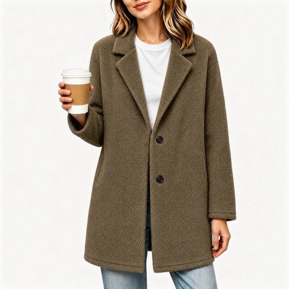 Cilsoka Winter Coats for Women Fuzzy Fleece Notch Pea Plush Mid-Length Coat Casual Thick Warm Elegant Trendy Jackets Outerwear