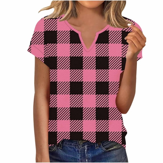 Cilsoka Women's V Neck T Shirts Short Sleeve Plaid Basic Tees Trendy Summer Going Out Tops Comfy Casual Fashion Clothes