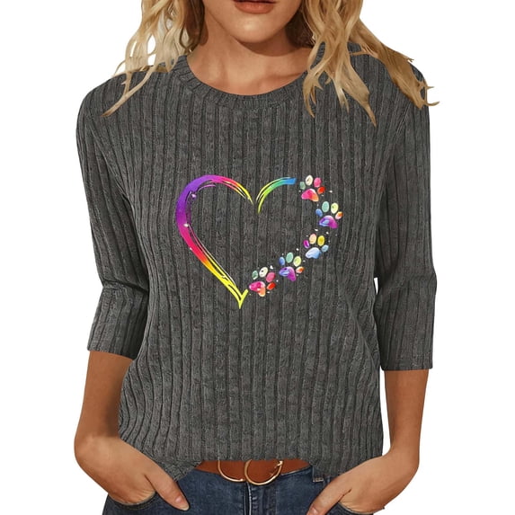 Cilsoka Womens 3/4 Sleeve Crew Neck T-Shirts Valentina's Day Summer Shirts Love Heart Printed Graphic Tees