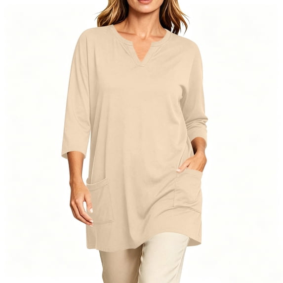 Cilsoka Womens 3/4 Sleeve Long Tunic Tops for Leggings with Pockets V Neck Casual Loose Fit Shirts Comfy Solid Color Pullover Tops
