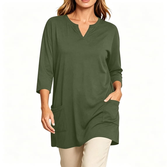 Cilsoka Womens 3/4 Sleeve Long Tunic Tops for Leggings with Pockets V Neck Casual Loose Fit Shirts Comfy Solid Color Pullover Tops