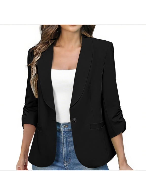 Womens Blazer Business Casual Open Front Ruched 3/4 Sleeve Blazer Lightweight Slim Fit Jackets with Pockets Work Office Professional Clothes