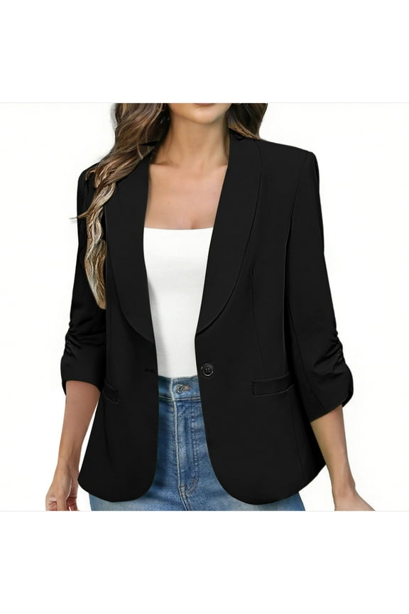Womens Blazer Business Casual Open Front Ruched 3/4 Sleeve Blazer Lightweight Slim Fit Jackets with Pockets Work Office Professional Clothes