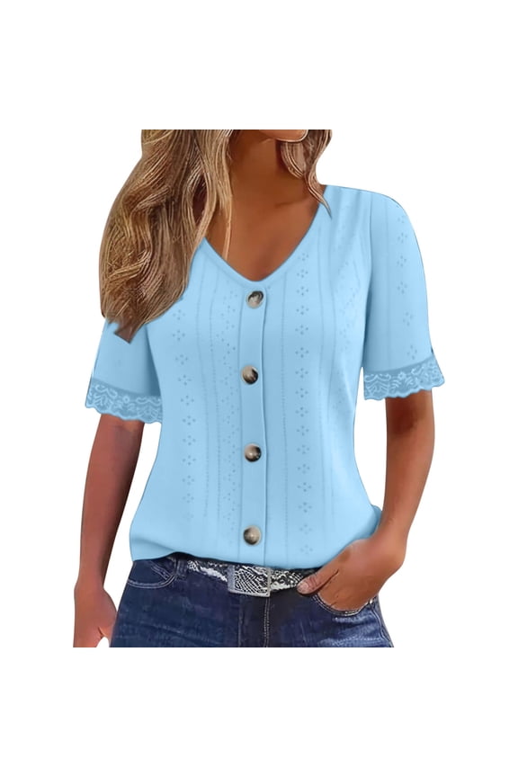 Womens Blouses V Neck Eyelet Lace Tops Embroidered Scalloped Cuff Short Sleeve Basic Blouse Tops with Button Trendy Summer 2026 Going Out Tops