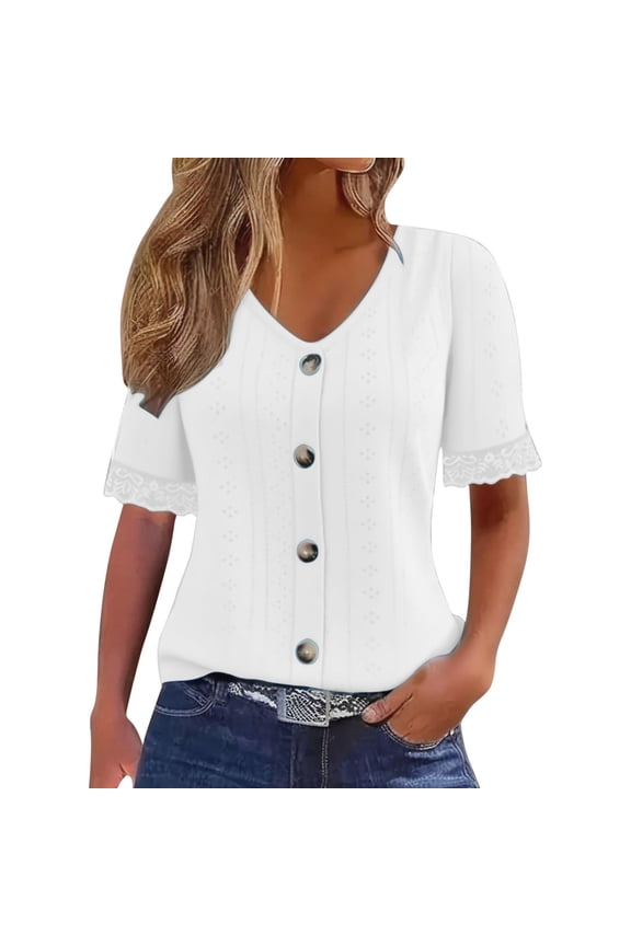 Womens Blouses V Neck Eyelet Lace Tops Embroidered Scalloped Cuff Short Sleeve Basic Blouse Tops with Button Trendy Summer 2026 Going Out Tops