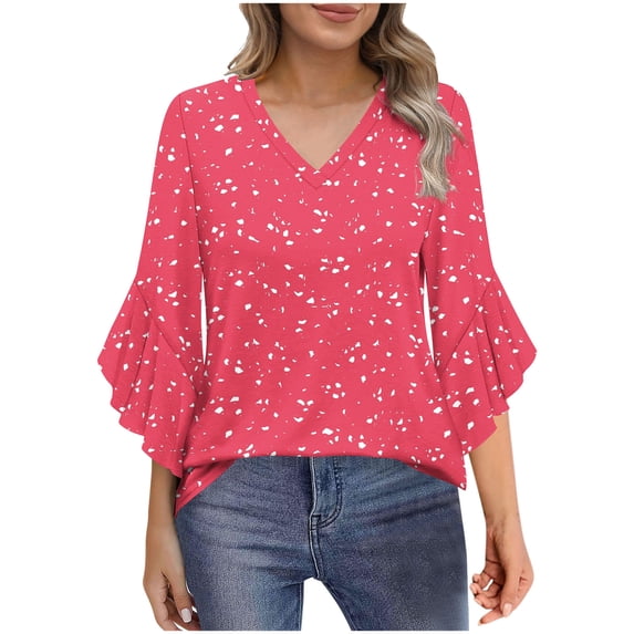 Cilsoka Womens Business Casual 3/4 Ruffle Sleeve Blouses V Neck Double Layers Mesh Shirts Flowy Dressy Tunic Tops