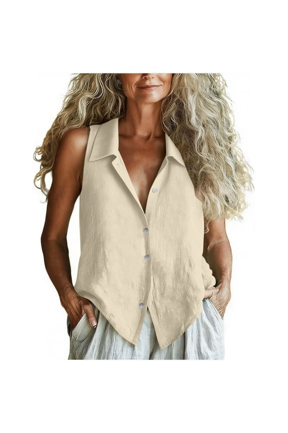 Womens Button Down Vest Cotton Linen Sleeveless Tank Tops Fully Lined Deep V Neck Casual Jacket Waistcoat