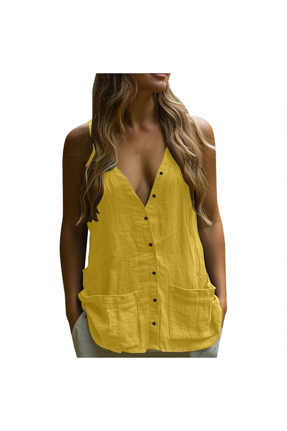 Womens Button Down Vest Sleeveless Tank Tops Fully Lined Deep V Neck Casual Jacket Waistcoat with Pockets